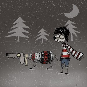 Illustrazione di Valerio Magini - Camillo e Wolfy: la passeggiata di Natale con neve